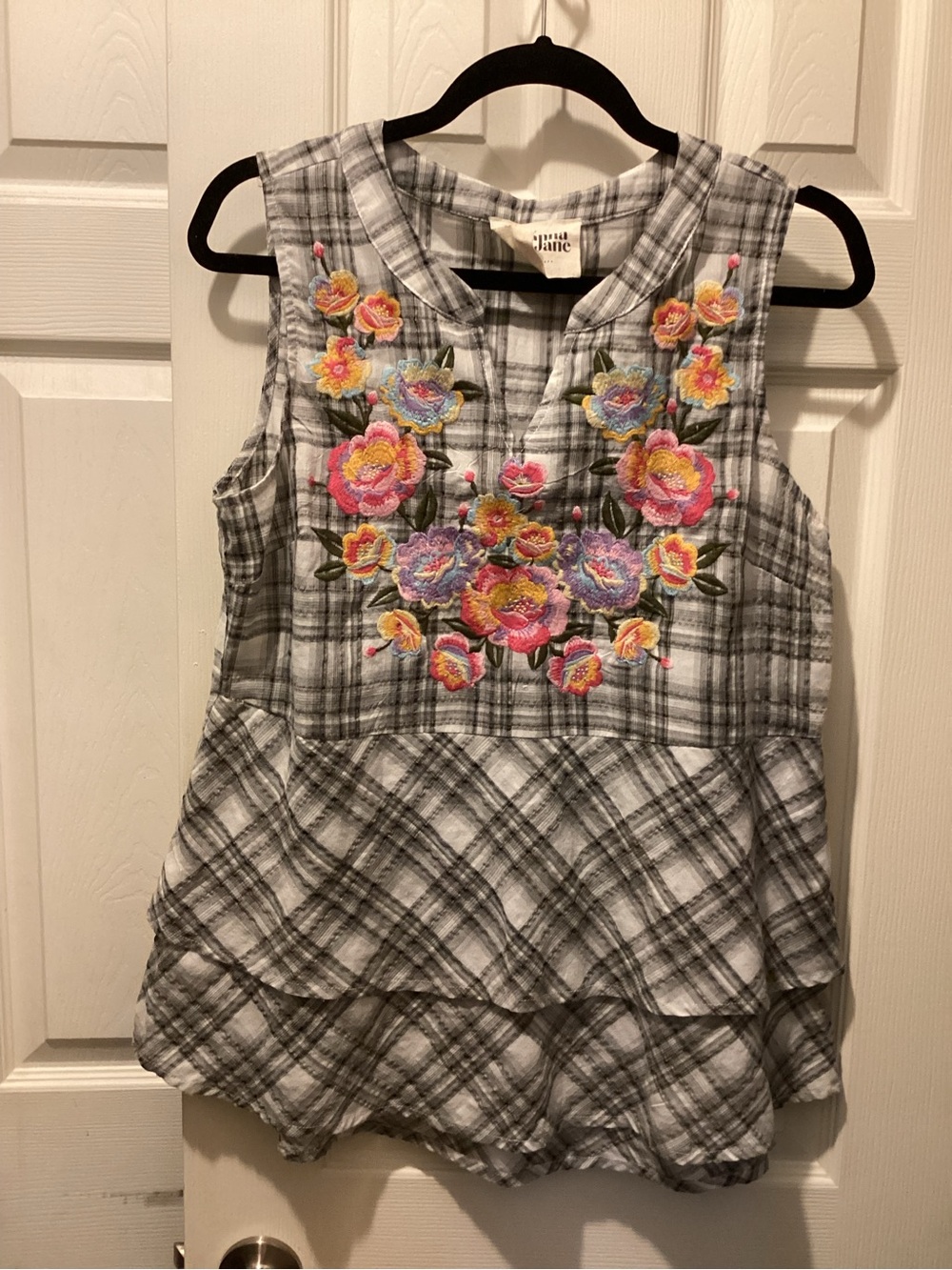 Savanna Jane Gray Plaid Sleeveless Top with Multicolor Floral Embroidery